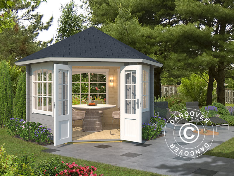 Drewniany pawilon Alicante, sześciokątny 3,5x3,03x3,07m, 44mm, Jasny szary