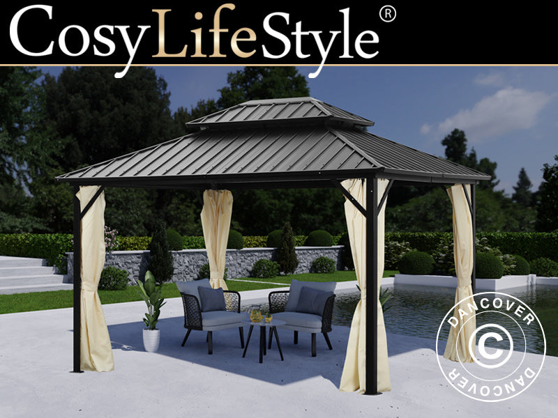 Pawilon San Francisco z zasłonami i moskitierą, 3x3,65m, Czarny/Ecru