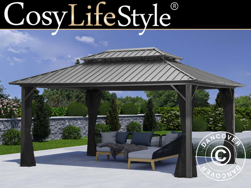 Pawilon San Francisco z zasłonami i moskitierą, 3,65x4,85m, Czarny