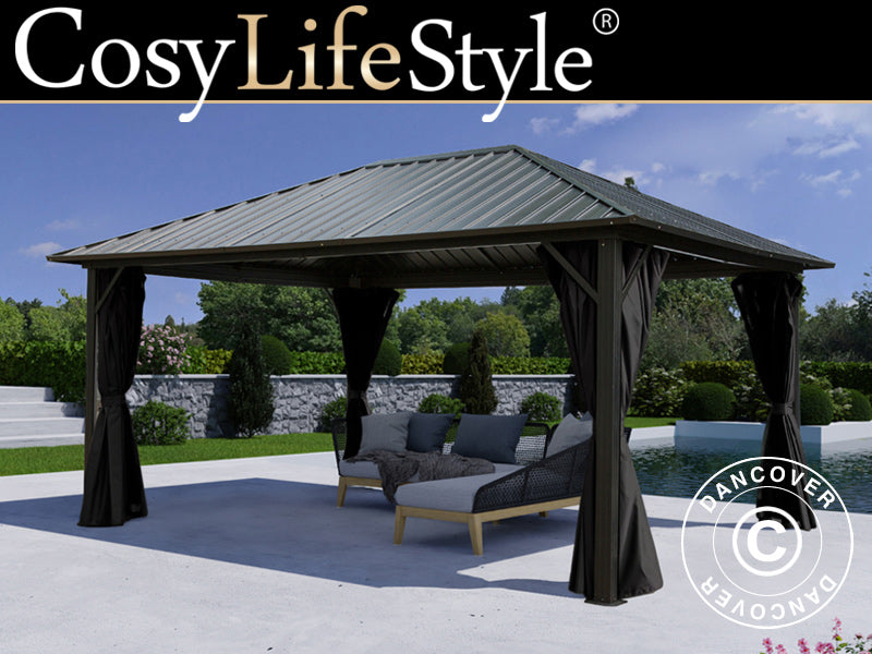 Pawilon San Bernardino z zasłonami i moskitierą, 3,65x4,85m, Czarny