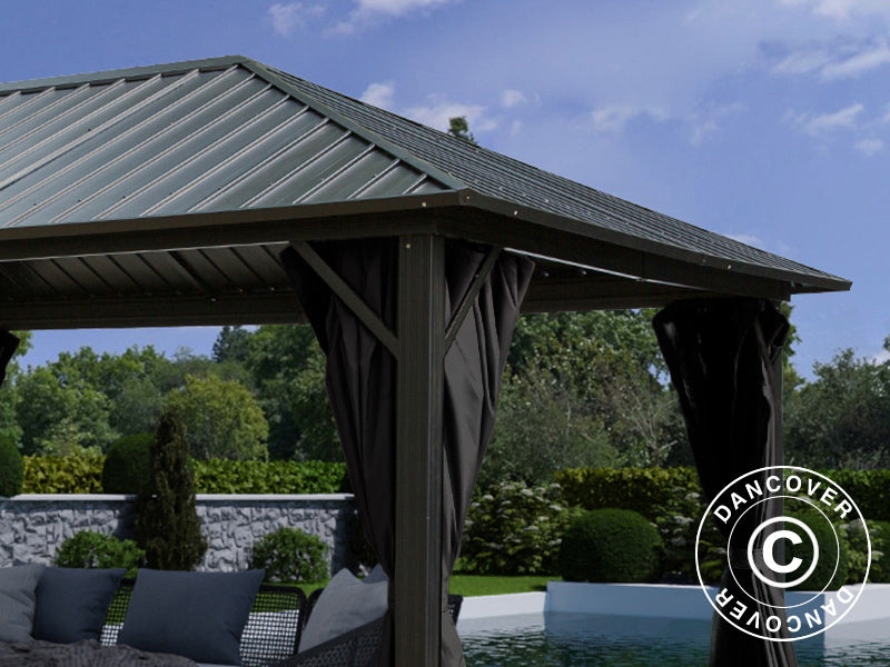 Pawilon San Bernardino z zasłonami i moskitierą, 3,65x4,85m, Czarny