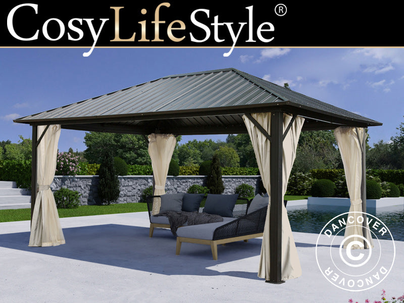 Pawilon San Bernardino z zasłonami i moskitierą, 3,65x4,85m, Czarny/Ecru