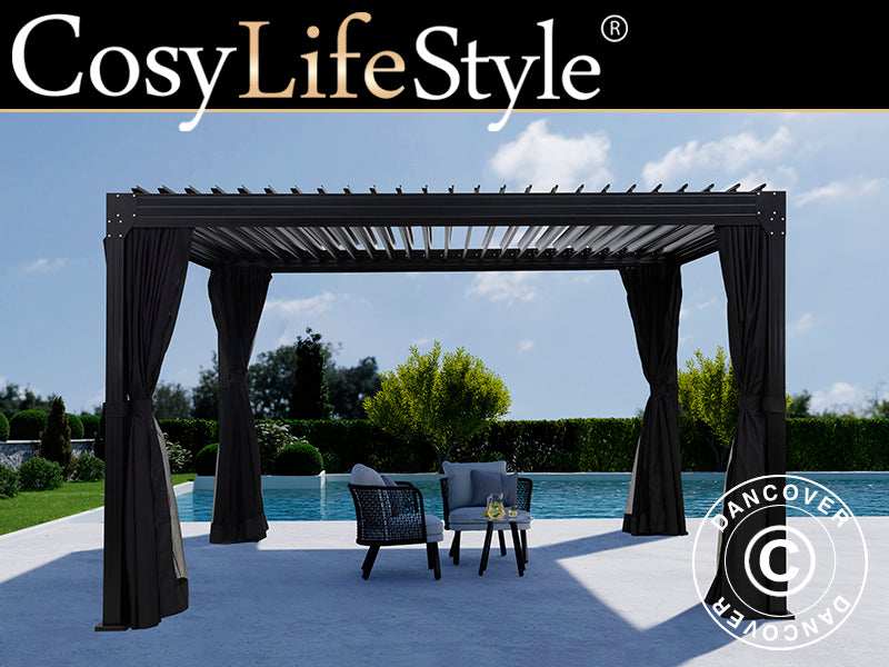 Bioklimatyczna pergola Monterey, 3x4m, z zasłonami i moskitierą, Czarna