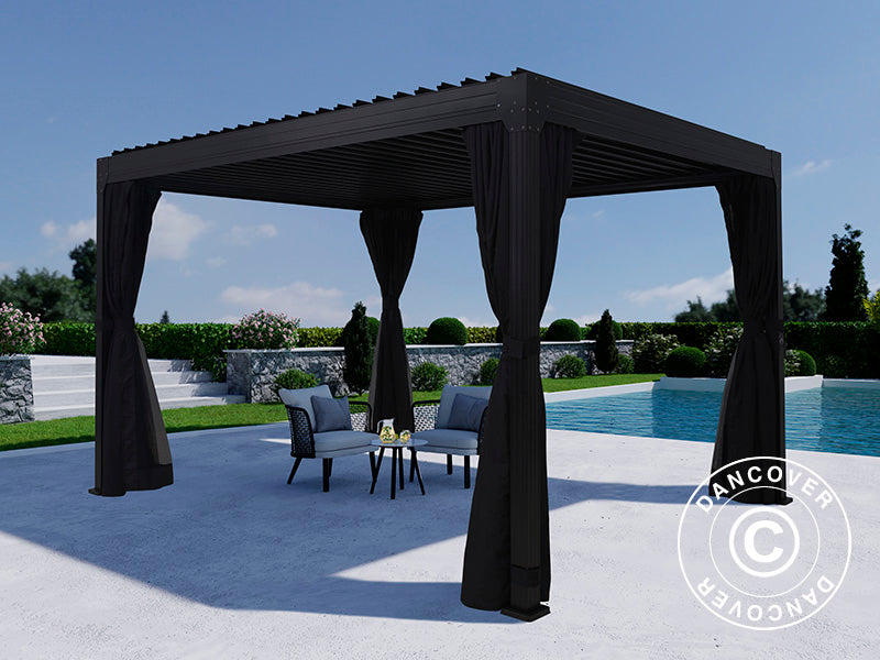 Bioklimatyczna pergola Monterey, 3x4m, z zasłonami i moskitierą, Czarna