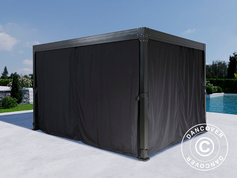 Bioklimatyczna pergola Monterey, 3x4m, z zasłonami i moskitierą, Czarna