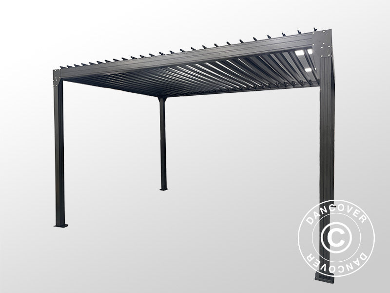 Bioklimatyczna pergola Monterey, 3x4m, z zasłonami i moskitierą, Czarna