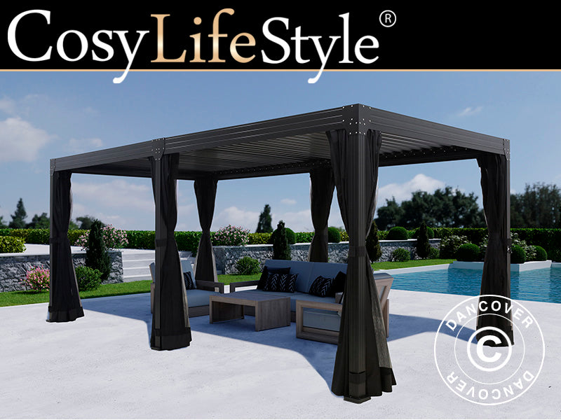 Bioklimatyczna pergola Monterey, 3x6m, z zasłonami i moskitierą, Czarna