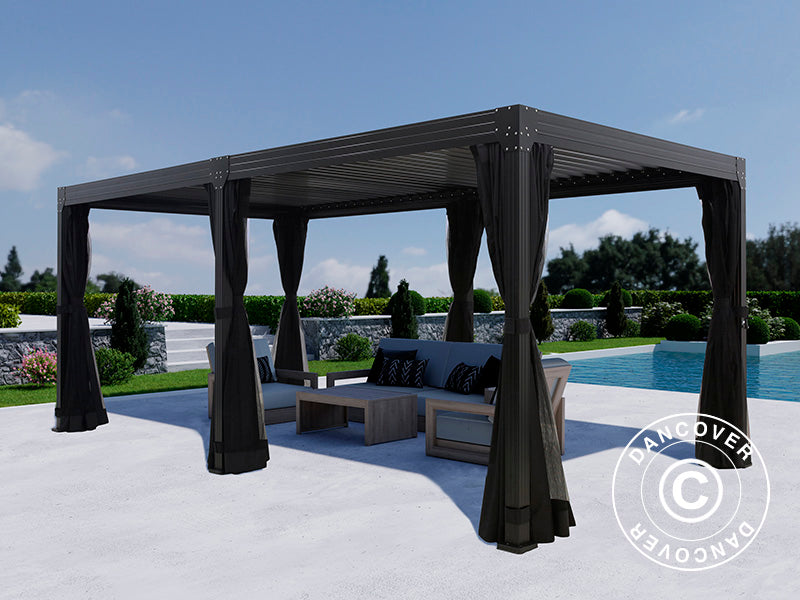 Bioklimatyczna pergola Monterey, 3x6m, z zasłonami i moskitierą, Czarna
