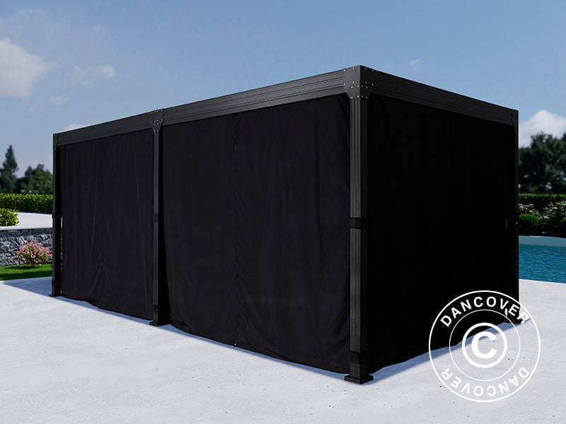Bioklimatyczna pergola Monterey, 3x6m, z zasłonami i moskitierą, Czarna