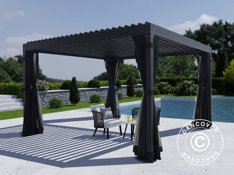 Bioklimatyczna pergola Monterey, 4x4m, z zasłonami i moskitierą, Czarna