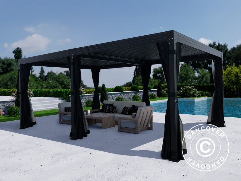 Bioklimatyczna pergola Monterey, 4x6m, z zasłonami i moskitierą, Czarna