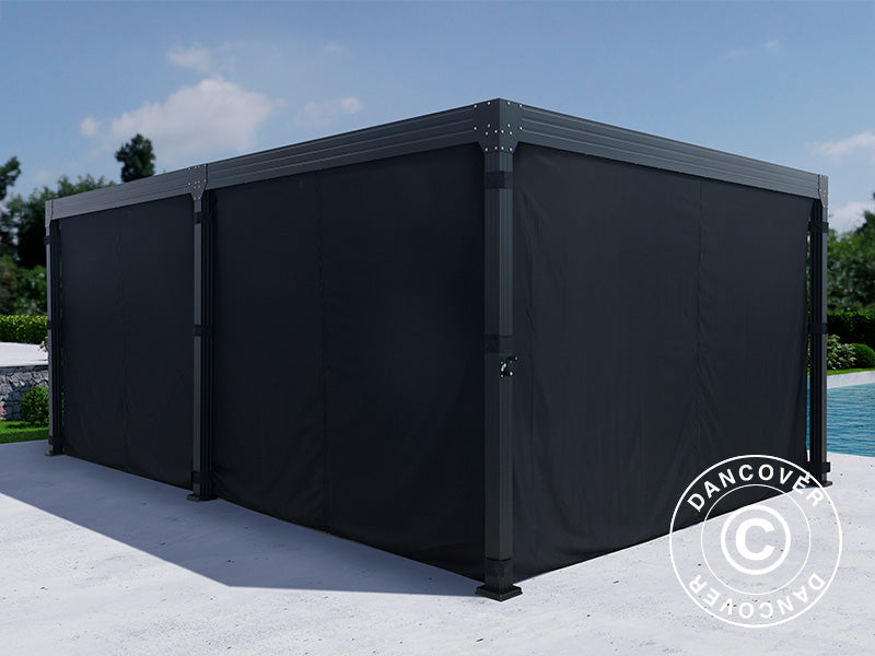 Bioklimatyczna pergola Monterey, 4x6m, z zasłonami i moskitierą, Czarna
