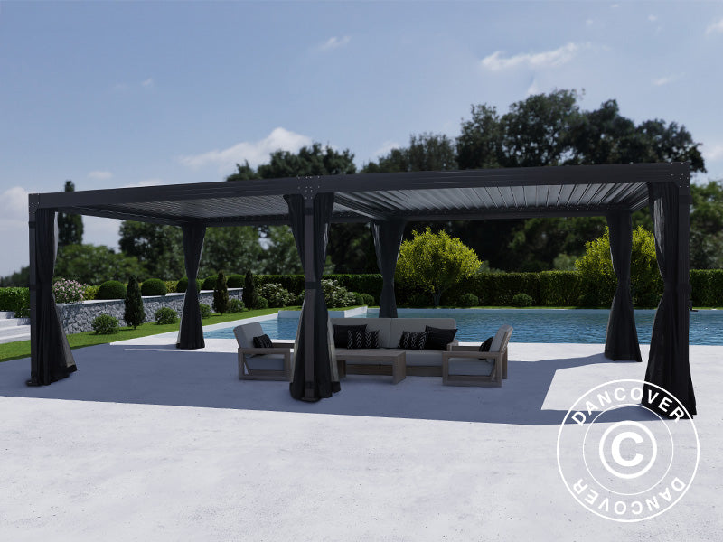 Bioklimatyczna pergola Monterey, 4x8m, z zasłonami i moskitierą, Czarna