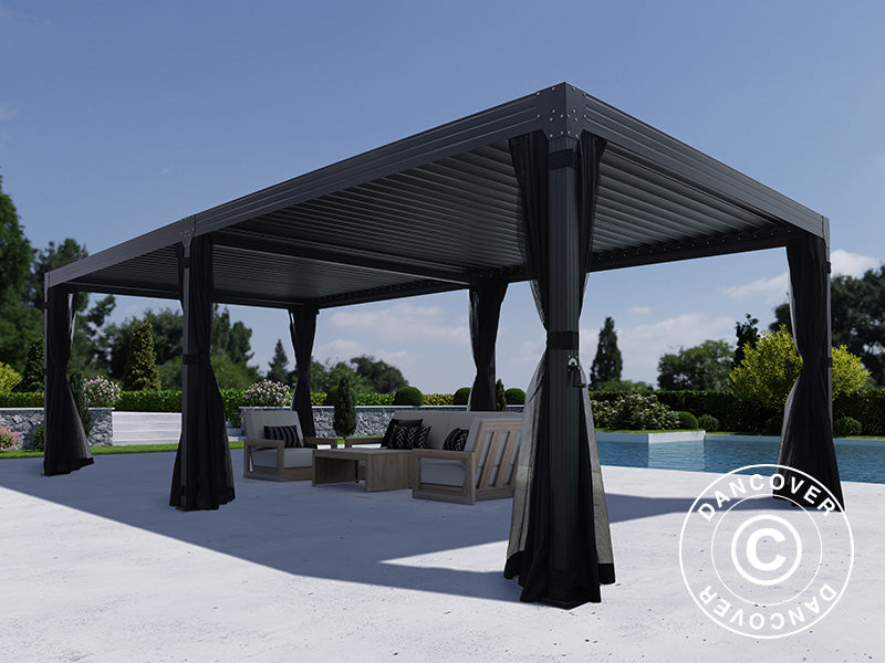 Bioklimatyczna pergola Monterey, 4x8m, z zasłonami i moskitierą, Czarna
