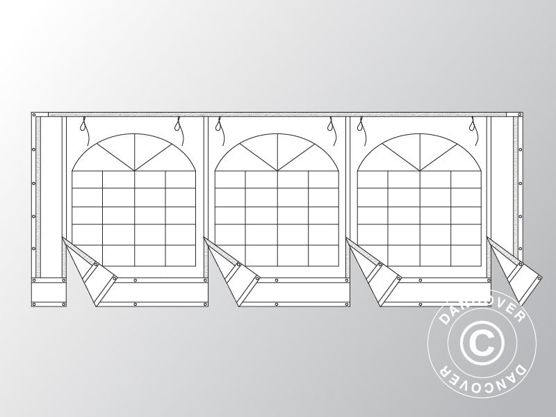 Ściana końcowa z dużym oknem i szerokimi drzwiami, 6m, PCV, biała