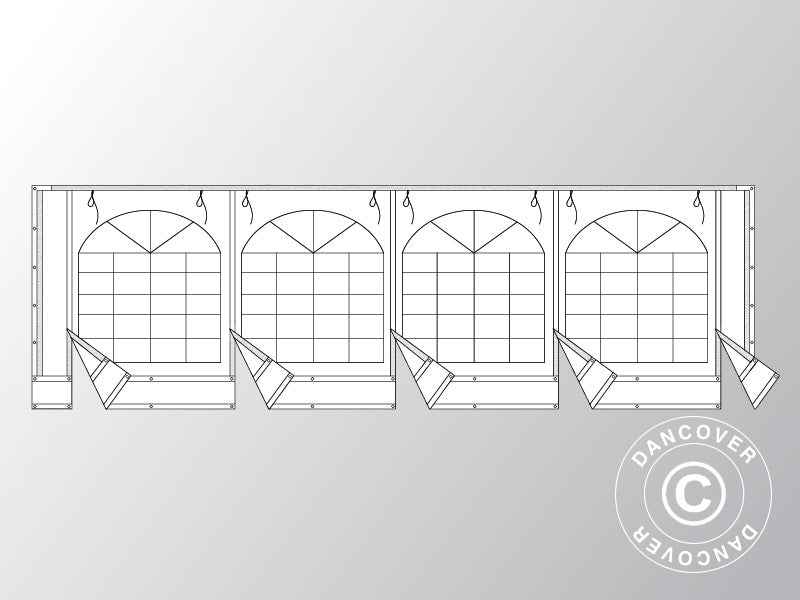 Ściana końcowa z dużym oknem i szerokimi drzwiami, trudnopalna, 8m, PCV, biała