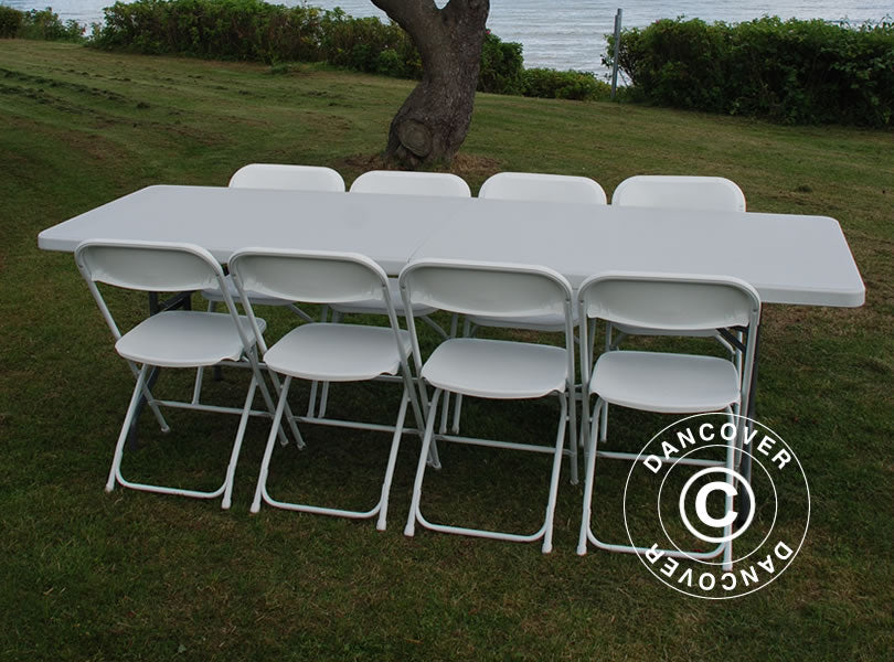 Pakiet Party, 1 składany stół (240cm) + 8 Krzesła składane, Jasny szary/Biały