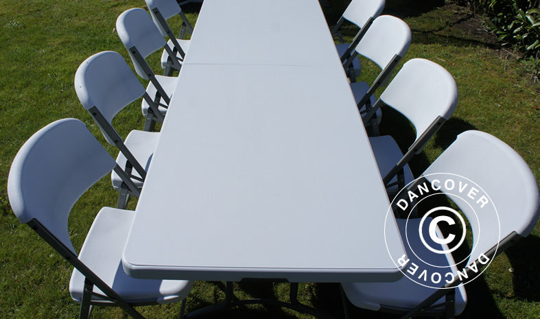 Pakiet Party, 1 składany stół (240cm) + 8 Krzesła składane, Jasny szary/Biały