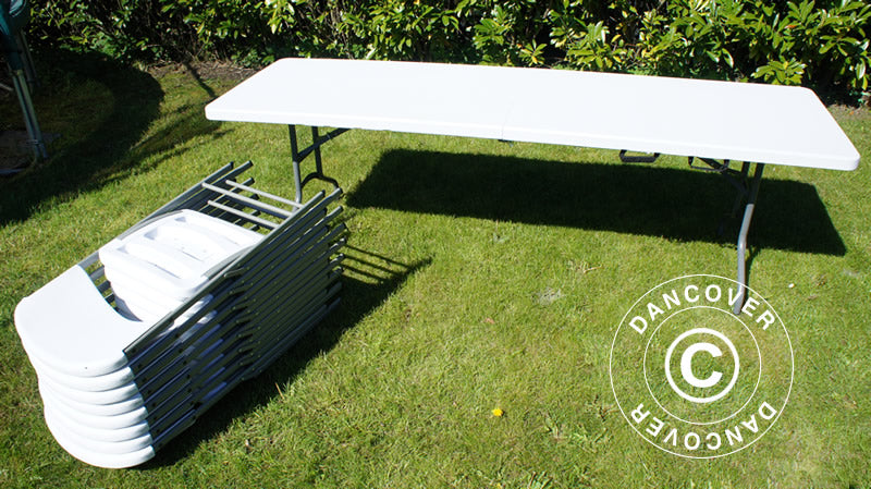 Pakiet Party, 1 składany stół (240cm) + 8 Krzesła składane, Jasny szary/Biały