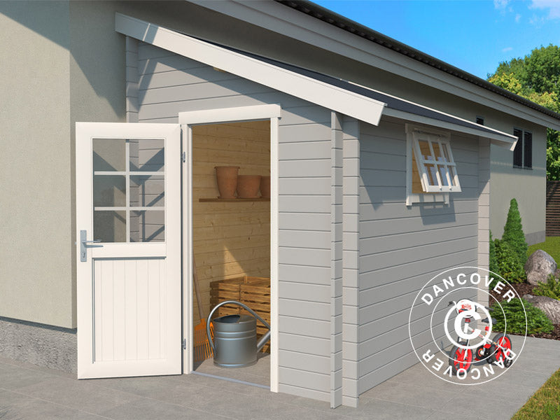 Drewniana szopa przyścienna Vanda 1,8x2,75x2,68m, 28mm,&nbsp;4,7m²,&nbsp;Jasny szary