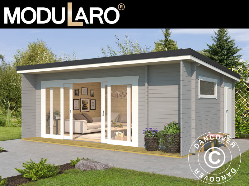 Domek drewniany Milano, 6,08x3,9x2,45m, 44mm, Jasny szary