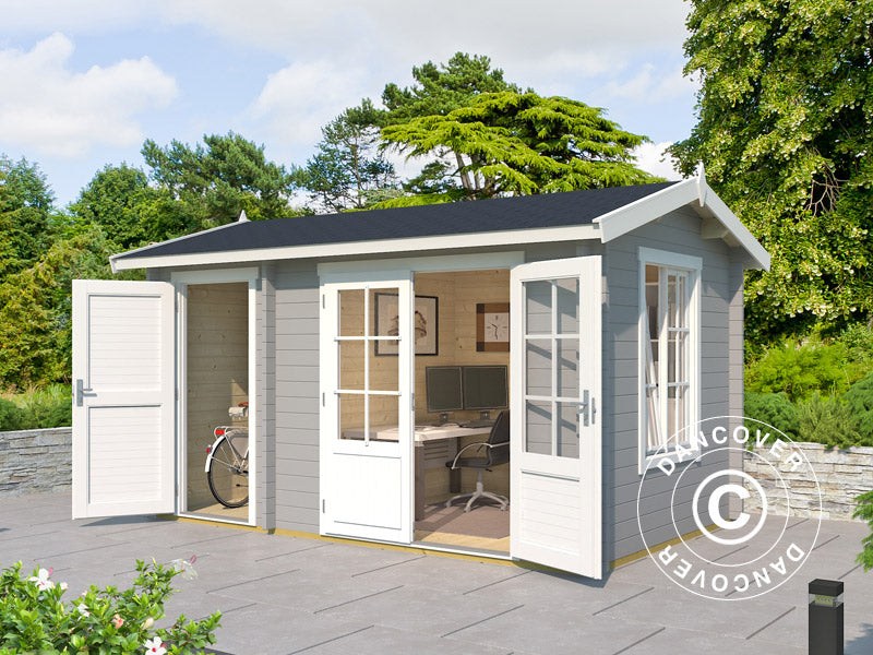 Domek drewniany z szopą Maardu 3,9x2,4x2,51m, 44mm, Jasny szary