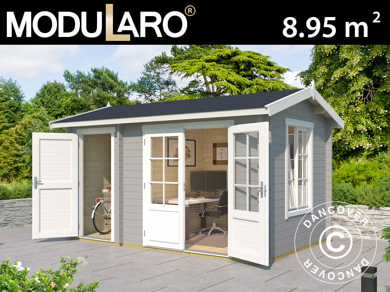 Domek drewniany z szopą Maardu 3,9x2,4x2,51m, 44mm, Jasny szary