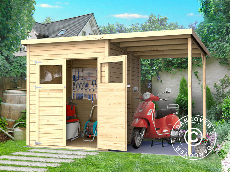 Drewniana szopa z daszkiem, Bertilo Amrum 2 Plus, 3,23x1,8x2,1m, 2,78m&sup2; + 3,03m&sup2;