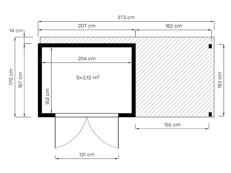 Szopa drewniana z daszkiem, Bertilo Cubico 2Plus, 3,73x1,57x2,08m, 2,43m&sup2; + 3,37m&sup2;, Naturalne drewno