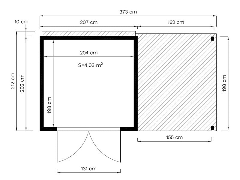 Szopa drewniana z daszkiem, Bertilo Cubico 3Plus, 3,73x2,02x2,08m, 4,3m&sup2;+1,5m&sup2;, Naturalne drewno