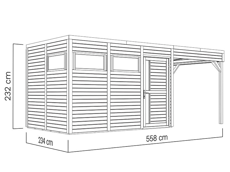 Szopa drewniana z daszkiem, Bertilo Cubus 3L, 5,58x2,34x2,32m, 7,65m&sup2;+5,15m&sup2;, Naturalne drewno