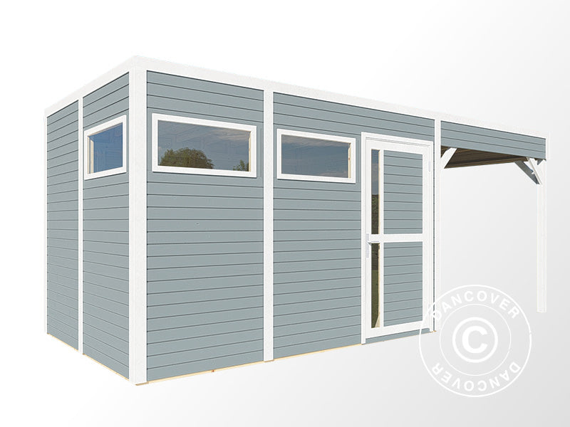 Szopa drewniana z daszkiem, Bertilo Cubus 3L, 5,58x2,34x2,32m, 7,65m&sup2;+5,15m&sup2;, Szara