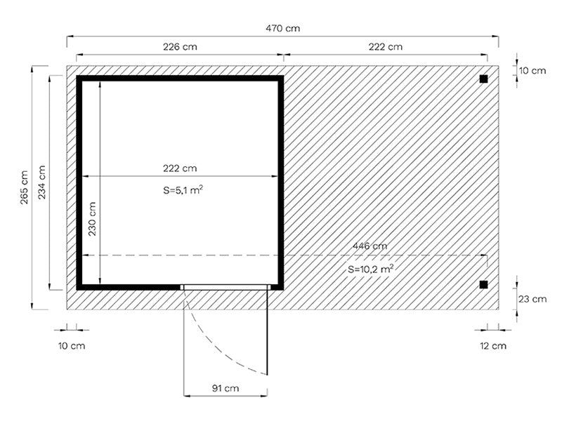 Szopa drewniana z daszkiem, Bertilo Pentus 2L, 4,49x2,34x2,33m, 5,1m&sup2;+5,1m&sup2;, Naturalne drewno