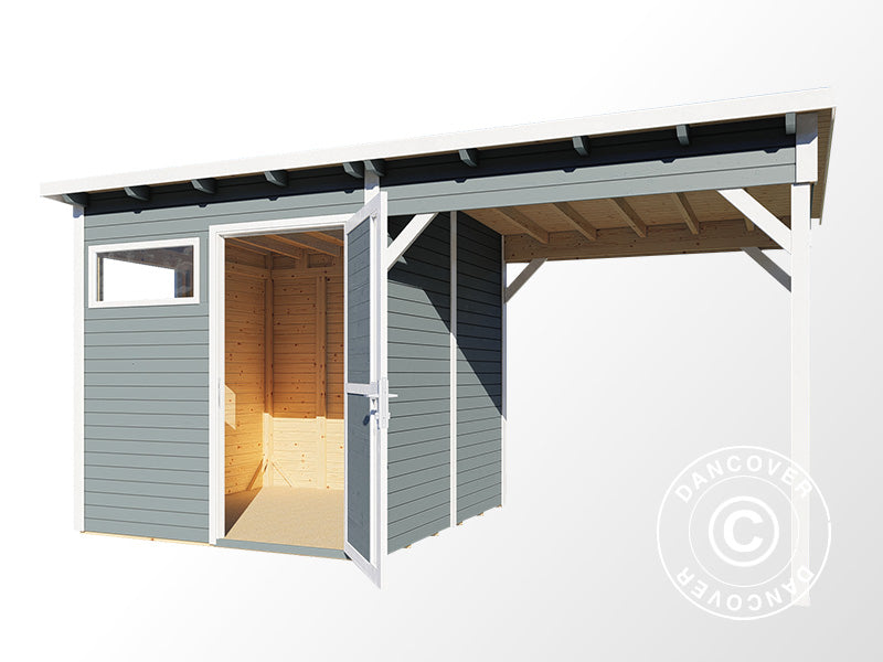 Szopa drewniana z daszkiem, Bertilo Pentus 2L, 4,49x2,34x2,33m, 5,1m&sup2;+5,1m&sup2;, Szara