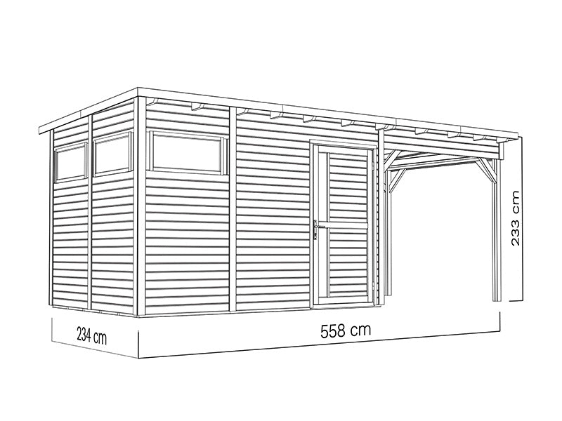 Szopa drewniana z daszkiem, Bertilo Pentus 3L, 5,58x2,34x2,33m, 7,65m&sup2;+5,15m&sup2;, Naturalne drewno